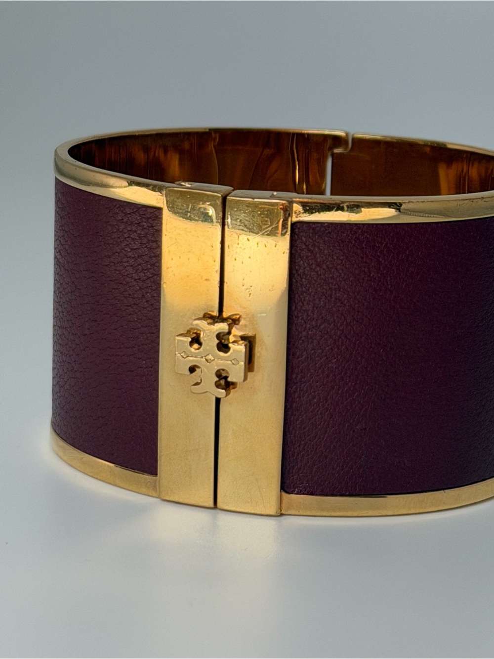 Tory Burch Burgundy Leather Gold Tone Wide Cuff Bracelet - Picture 4 of 9